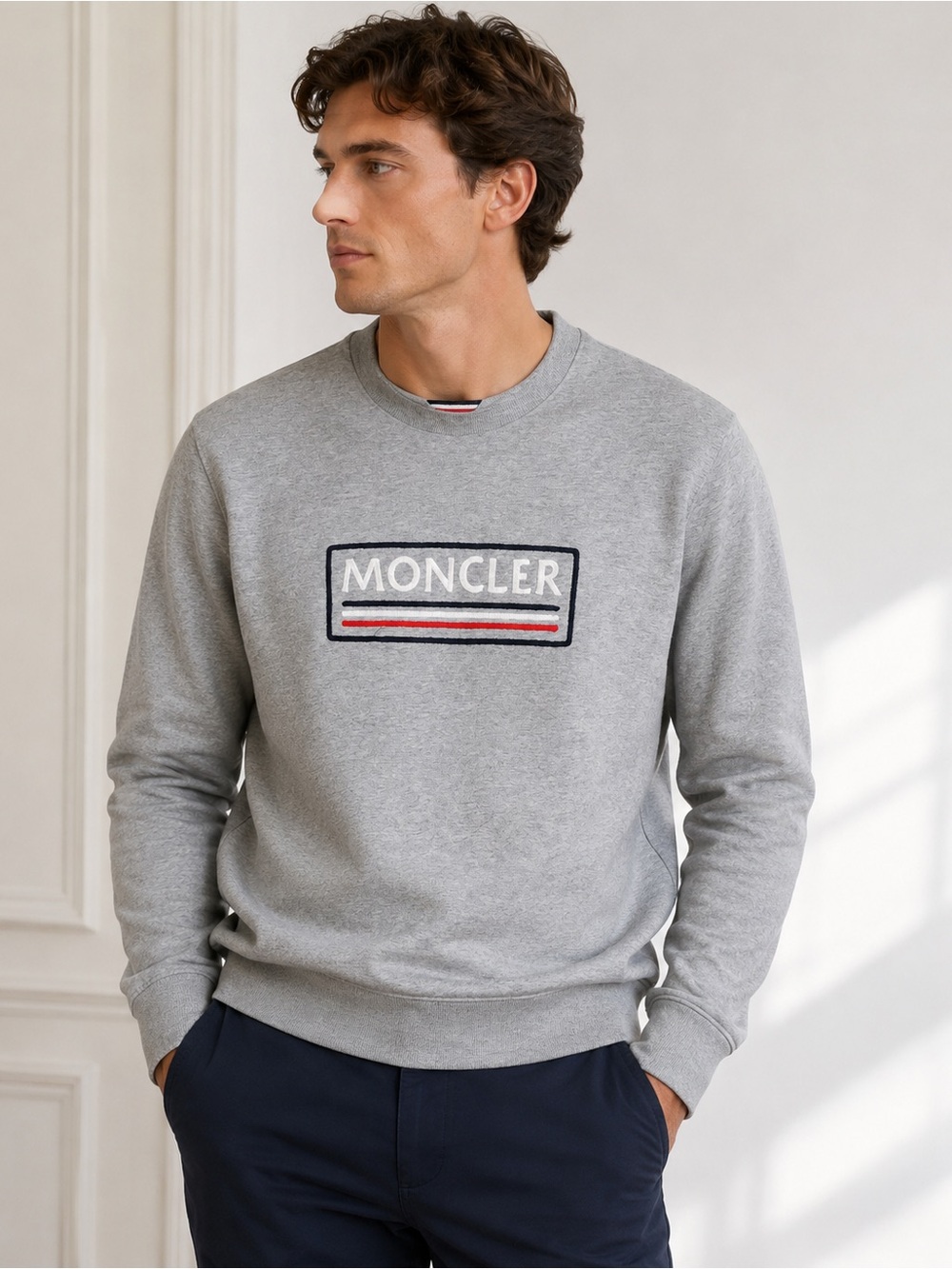 Moncler Logo Embroidered Crewneck Sweatshirt Gray Cotton Men’s XL